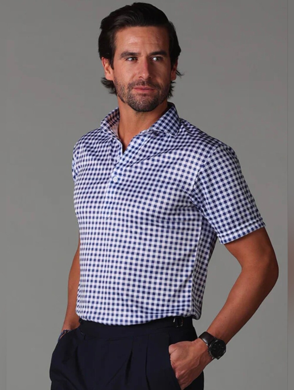 Collars & Co Semi-Spead Collar Size XL in Navy Gingham Business Casual Stretch